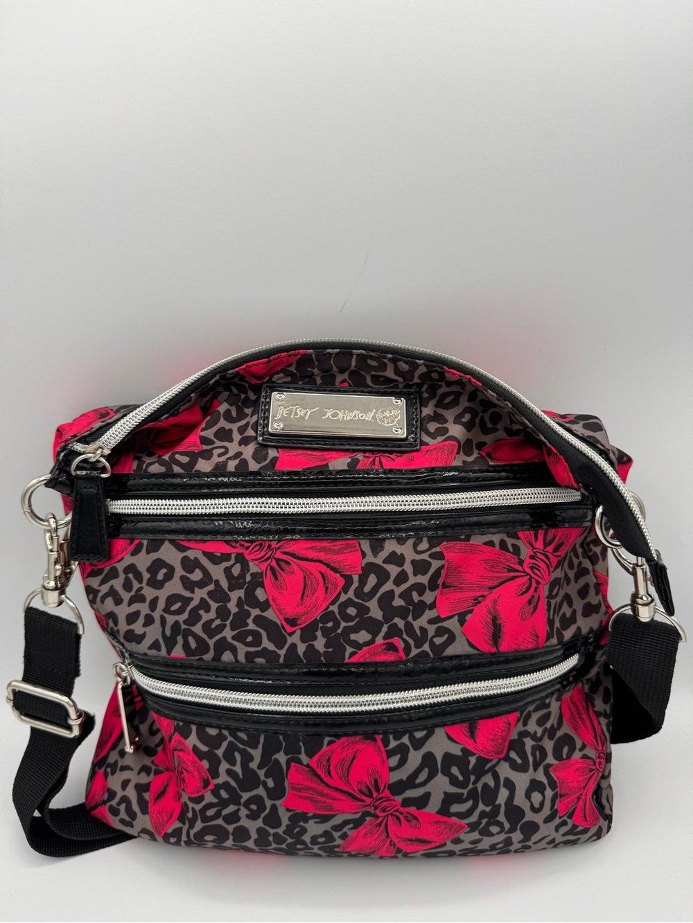 Betsey Johnson Hot Pink Bows & Gray Leopard Print Nylon Crossbody Bag